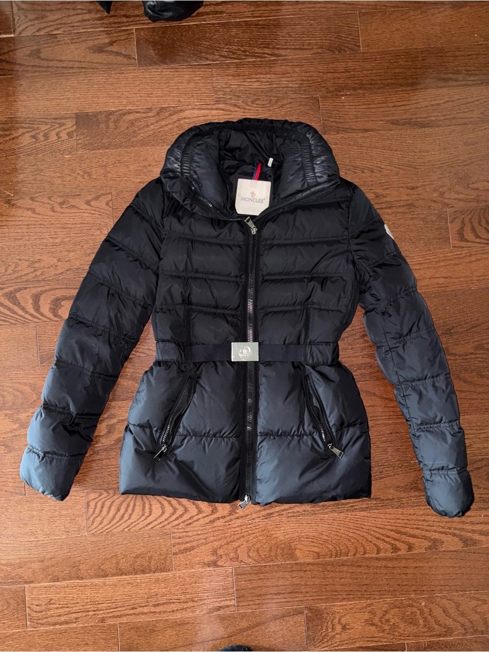 Moncler Black Hooded Quilted Puffer with Tricolor Trim
